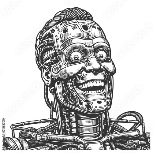 humanoid robot with exposed mechanical parts, wide grin, and expressive futuristic cybernetic design sketch engraving generative ai vector illustration. Scratch board imitation. Black and white image.