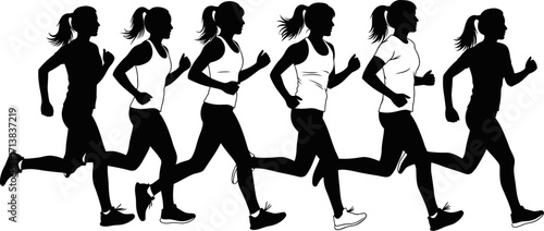 Group of women running side by side, showcasing fitness and motion.