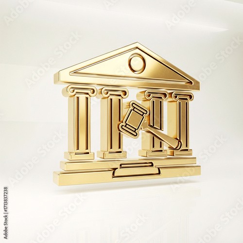 Golden court icon with a gavel and columns, isolated
