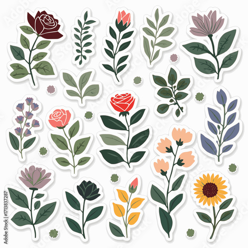 A collection of botanical stickers in vector format with solid colors and white background, featuring various plants and flowers in a minimal style