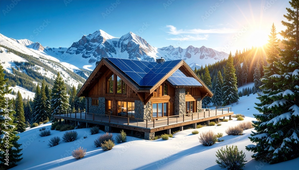Fototapeta premium Mountain Chalet with Solar Panels in Aspen, Colorado – Sustainable Alpine Living and Renewable Energy in Winter Landscape