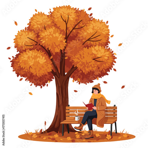 Flat 2D vector: Person in autumn coat and scarf on a bench under a tree, reading a book with a steaming mug, vibrant colors, white background.