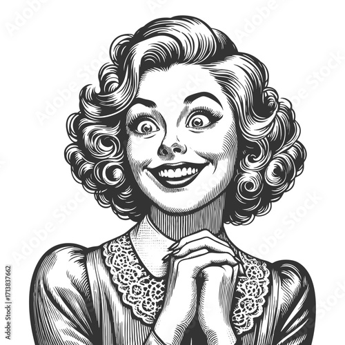 cheerful woman with curly hair, clasped hands, joyful, wide-eyed expression full of excitement sketch engraving generative ai fictional character vector illustration. Scratch board. Black and white.