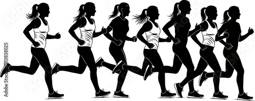 Group of female runners in silhouette, capturing the dynamism of movement and determination