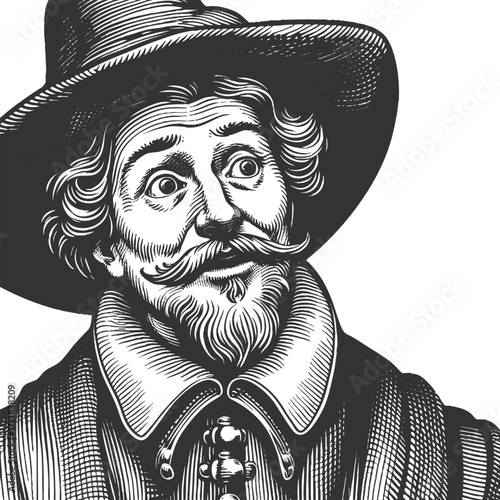man with curled mustache, expressive eyes, wide-brimmed hat, and historical clothing details sketch engraving generative ai fictional character vector illustration. Scratch board. Black and white.