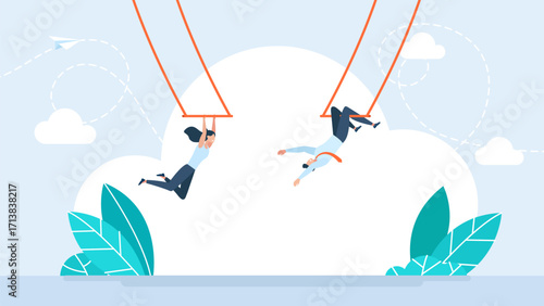 Partnership and support to success, collaborate or cooperate teamwork, risk taking, achieve target concept, businessman trapeze perform jumping and catch by partner. Man and woman. Vector illustration