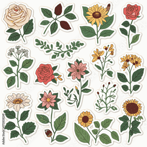 A collection of botanical stickers in vector format with solid colors and white background, featuring various plants and flowers in a minimal style