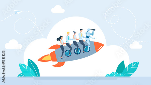 Business team riding a rocket and robot looking through binoculars. Collaboration of Human Resources with Artificial Intelligence, AI. Developing and Moving Forward for Success. Vector illustration