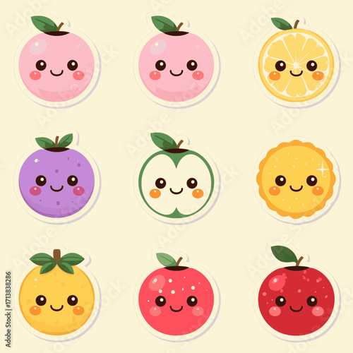 A set of kawaii-style fruit stickers in vector format with solid colors and white background, showcasing cute and playful designs