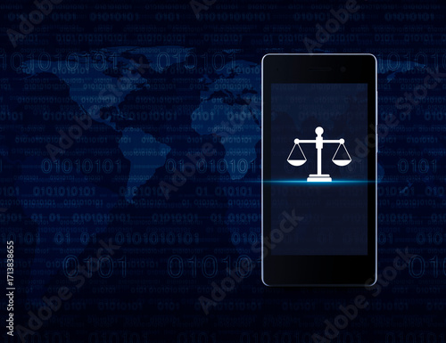Fototapeta Naklejka Na Ścianę i Meble -  Law flat icon on modern smart mobile phone screen over computer binary code blue background, Business legal service online concept, Elements of this image furnished by NASA