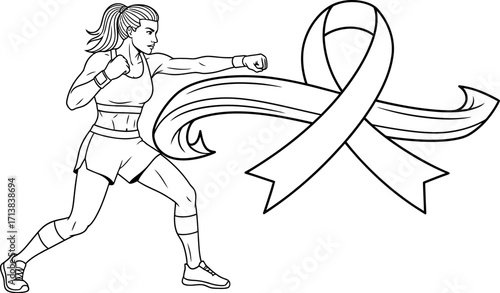 Determined woman in boxing stance punches towards a symbolic awareness ribbon, representing strength and fight against illness.