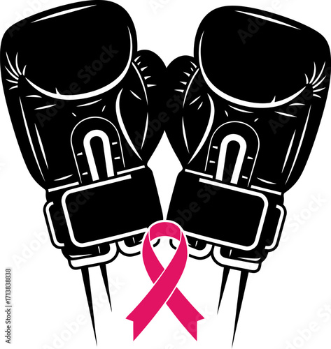 Symbol of strength and hope: boxing gloves paired with a pink ribbon for breast cancer awareness.