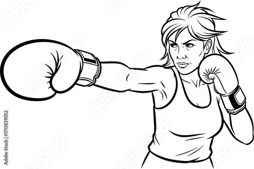 Determined woman in boxing gloves throws a powerful punch with focus and strength