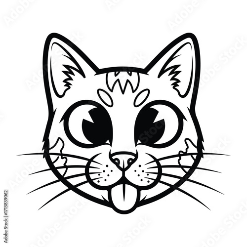 Playful Cat Portrait: A whimsical black and white line drawing captures the endearing face of a cat, showcasing expressive eyes, a protruding tongue, and playful whiskers, evoking joy and simplicity.