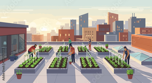 Vector scene of an urban rooftop garden with hydroponic