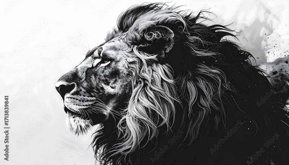 Obraz premium Majestic lion portrait in grayscale, showcasing powerful details and a sense of intensity.