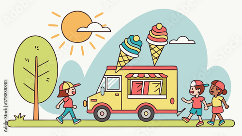 Friends Buying Colorful Ice Cream Cones at Summer Ice Cream Truck in Glossy 3D Vector 
