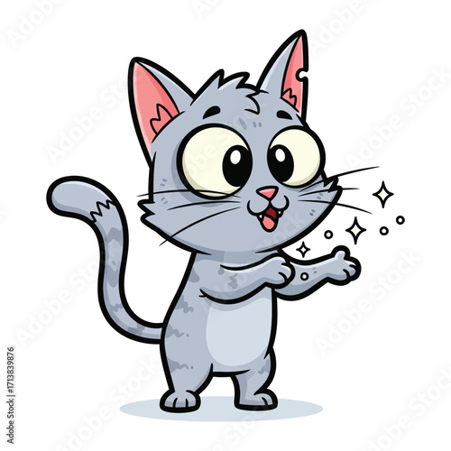 Animated Playful Cat: A charming animated gray cat with captivating large eyes and an enthusiastic posture, extending its paw as if interacting, exudes playful energy.