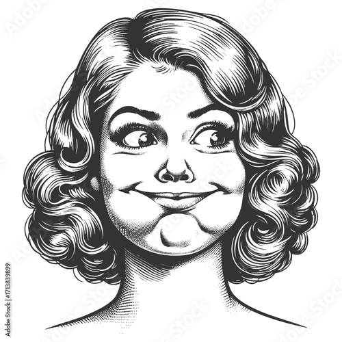 woman with curly hair, puffed cheeks, and playful mischievous smile showing quirky expression sketch engraving generative ai fictional character vector illustration. Scratch board. Black and white.