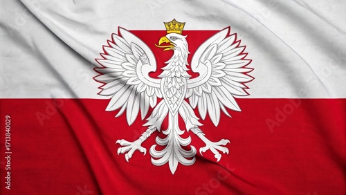 Polish Flag in a patriotic showcase: An expertly-crafted patriotic display of a vibrant Polish flag, its white and red stripes elegantly draped, with the iconic Polish eagle crest proudly displayed.