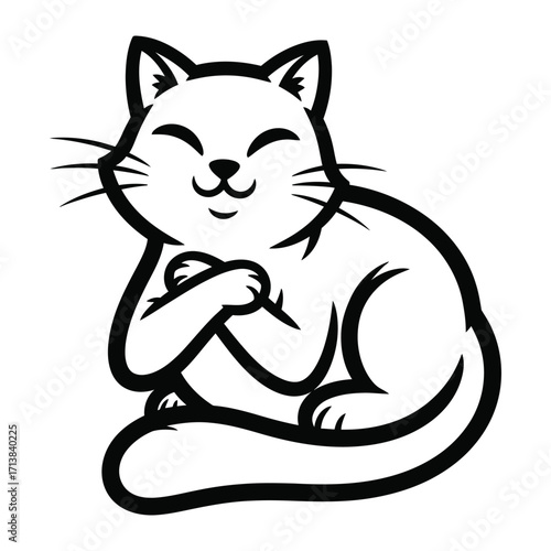 Happy Cat: A charming black-and-white illustration of a contented cat sitting, radiating calmness and ease, a purrfect embodiment of feline tranquility. 