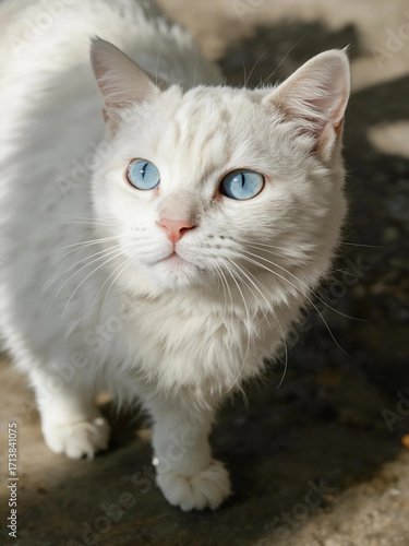 Cute white cat with blue eyes is walking