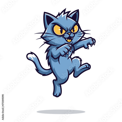 Furious Feline Frenzy: A vibrant and menacing illustration of an angry cat in full attack mode, capturing the energy of a clawing, leaping feline.