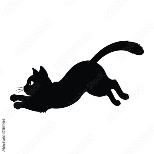 Graceful Leap of a Black Cat: A sleek black cat bounds through the air, captured in a minimalist silhouette against a clean, uncluttered background.