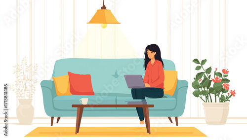 Woman Working on Laptop in Cozy Living Room with Plants and Lamp Lighting