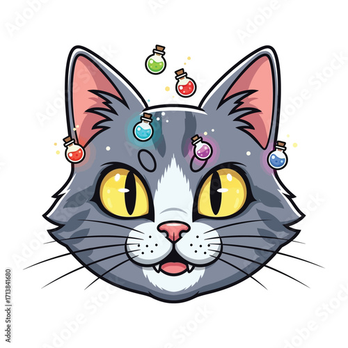 Magical Cat with Potions: A whimsical, illustrated cat with wide yellow eyes and intricate details, surrounded by floating colorful potions, is a perfect symbol of fantasy and charm. 