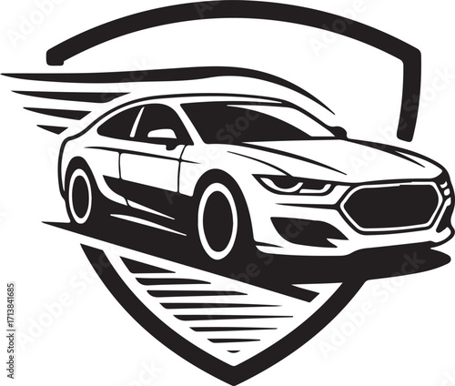 Sleek Monochrome Coupe Graphic within a Shield Design