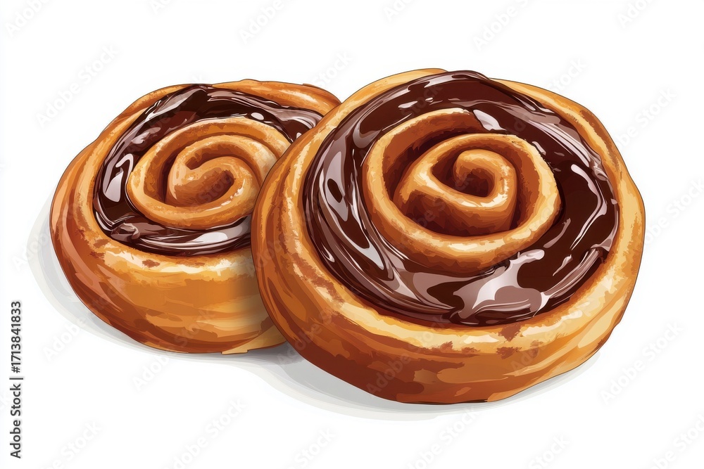 Fototapeta premium Two delicious cinnamon rolls topped with rich chocolate glaze on a white background.