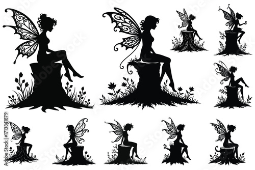 Black silhouette fairies with ornate wings sitting on tree stumps