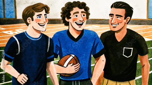 Vector illustration of boys teammates laughing and walking together on a football field. Sports friendship, teamwork, joy, and athletic lifestyle concept for youth and school activities.