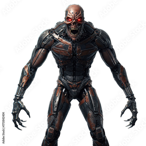 A terrifying cyborg with glowing red eyes and a skeletal face, showcasing a dark, metallic, and menacing aesthetic.