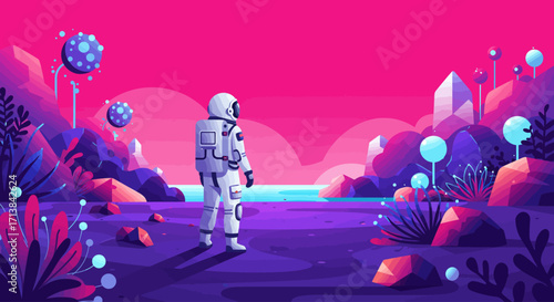 Futuristic astronaut discovering a surreal and glowing alien world