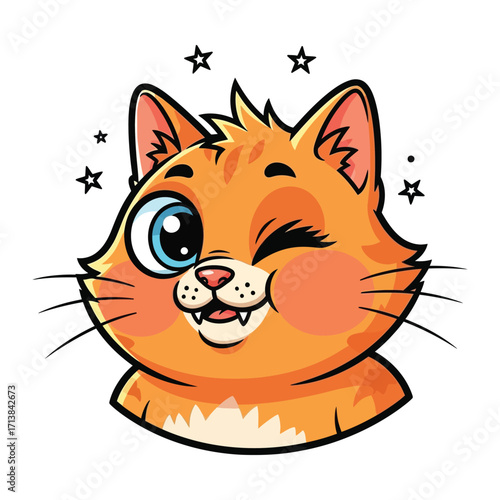Playful Kitty's Winking Whimsy: A charming illustration of a ginger cat, playfully winking with a sparkling backdrop of stars and a cheerful expression. 