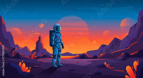 Astronaut Exploring a Vibrant Alien Landscape at Sunset