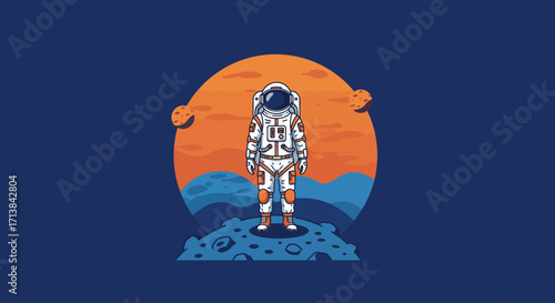 Astronaut on a Martian Landscape with Sun and Planets