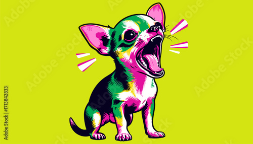 Chihuahua screaming, dog with tiny body in pop art on lime background, emotional dog