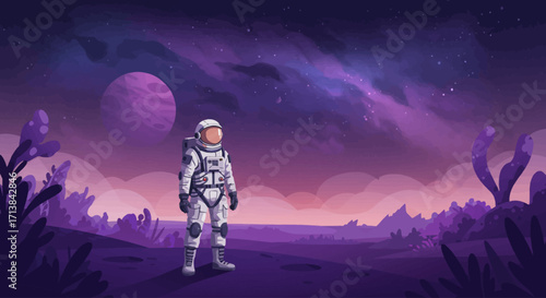 Astronaut on Alien Planet Purple Nebula