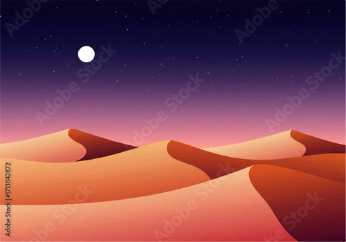 Illustration of a desert landscape with sand dunes under a starry night sky and a bright full moon.