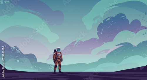 Futuristic space explorer on an alien planet with a vibrant sky