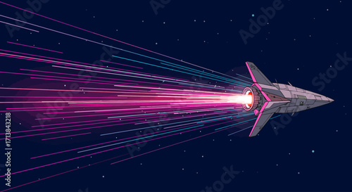 Dynamic Pixel Art Spaceship Blasting Through Cosmic Light Streaks in the Depths of Space