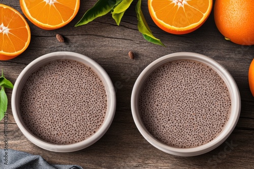 Two bowls of chocolate chia pudding surrounded by fresh oranges and green leaves, showcasing a vibrant, healthy dessert.