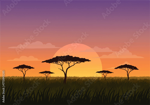 A serene African savanna landscape featuring silhouetted acacia trees against a vibrant sunset sky with clouds.