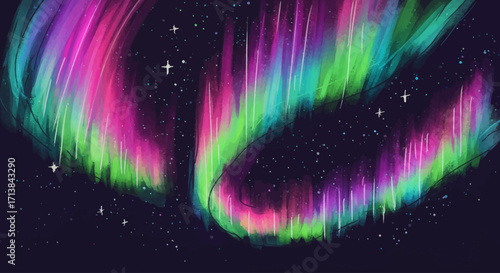 Vibrant digital illustration of a colorful aurora borealis with glowing light effects