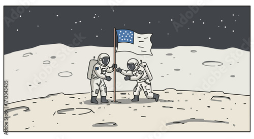 A stylized cartoon illustration of two astronauts planting a flag on the moon
