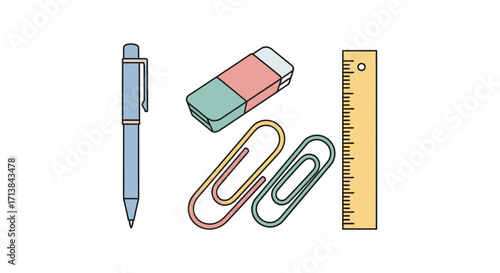 Flat line art illustration of essential office and school supplies including a pen, eraser, paper clips, and ruler for a creative work or study concept