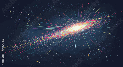 Stylized digital painting of a vibrant, exploding spiral galaxy in deep space